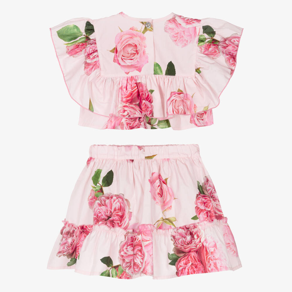 Phi Clothing-Girls Pink Floral Cotton Top & Skirt Set | Childrensalon