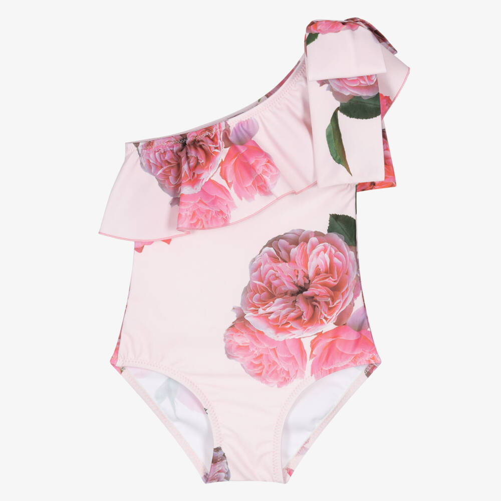 Phi Clothing-Girls Pink Floral One Shoulder Swimsuit | Childrensalon