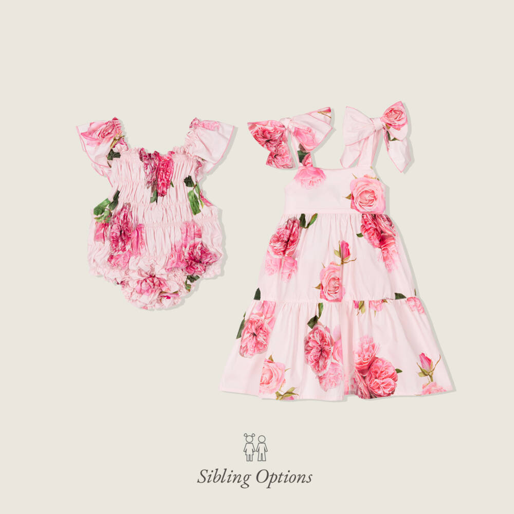 Phi Clothing-Платье розовое из хлопка с цветами для девочек | Childrensalon