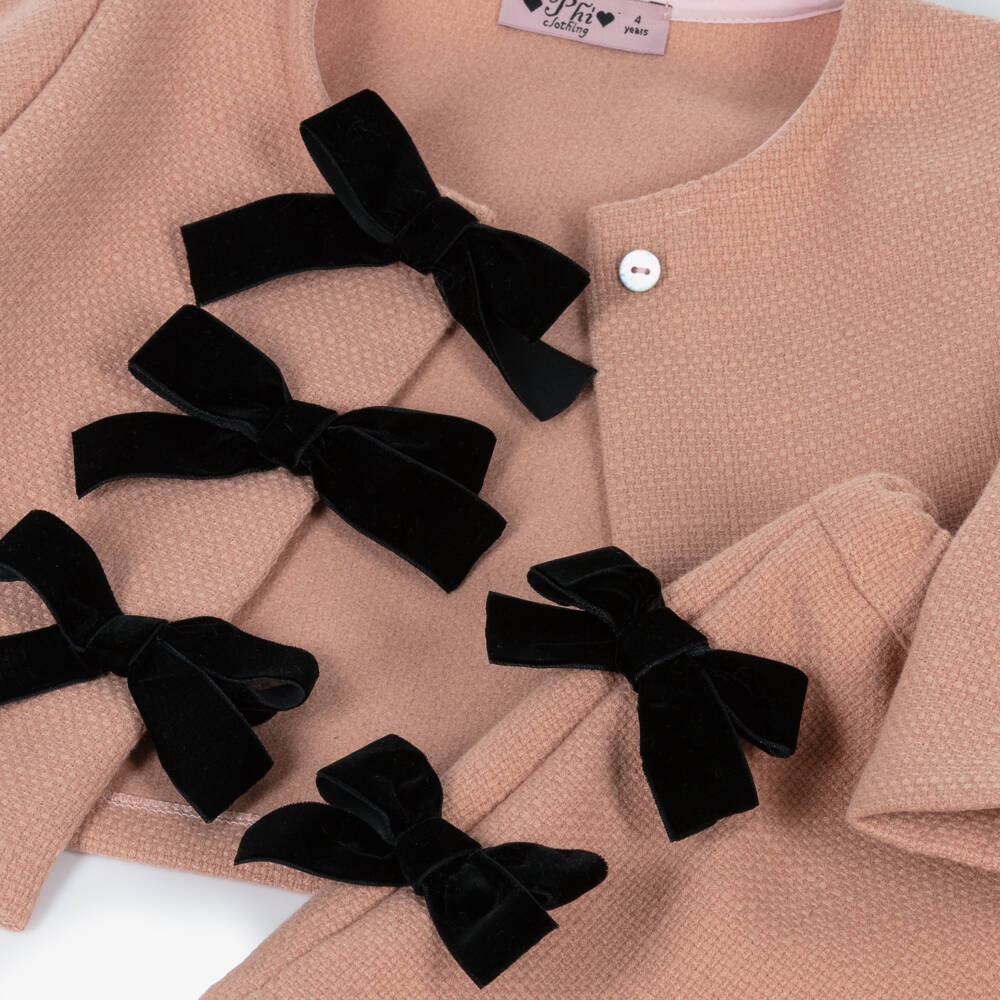 Phi Clothing-Girls Pink Jacket & Skirt Set with Black Velvet Bows | Childrensalon