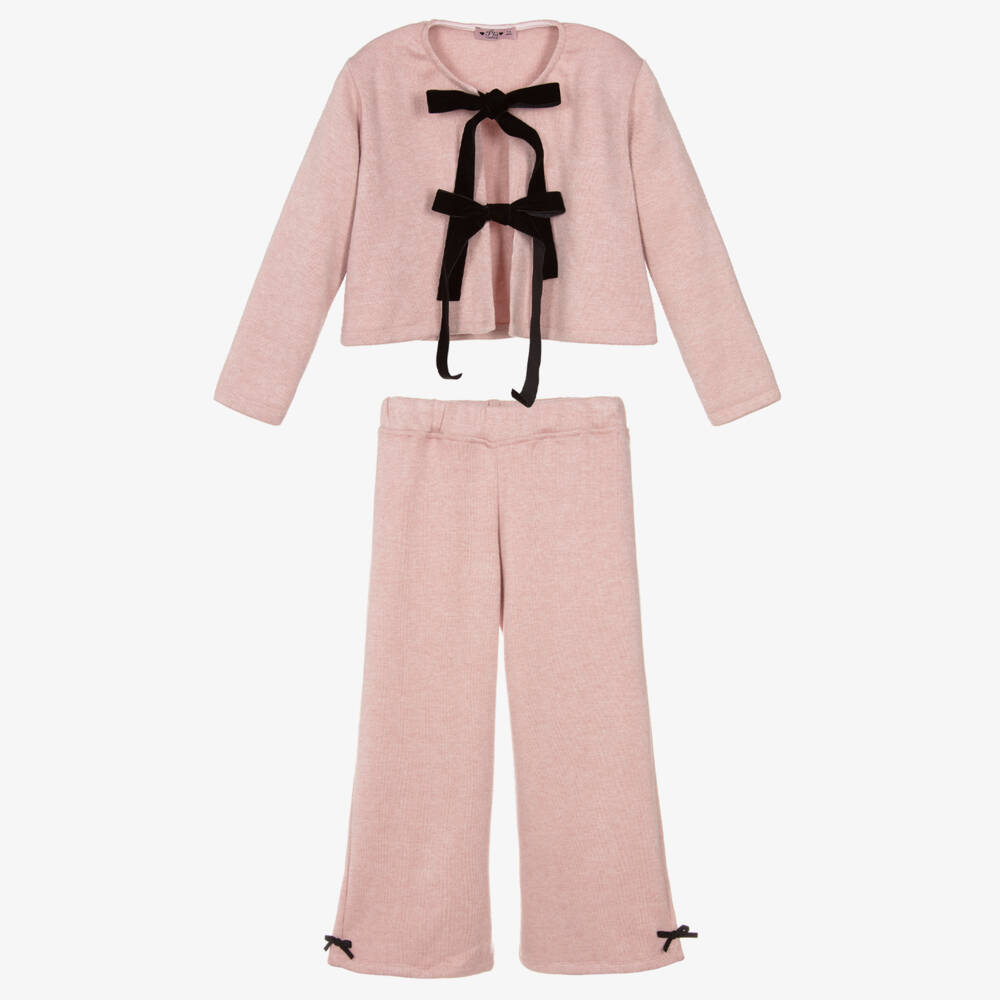 Phi Clothing-Girls Pink Knitted Trouser Set with Ribbon Ties | Childrensalon