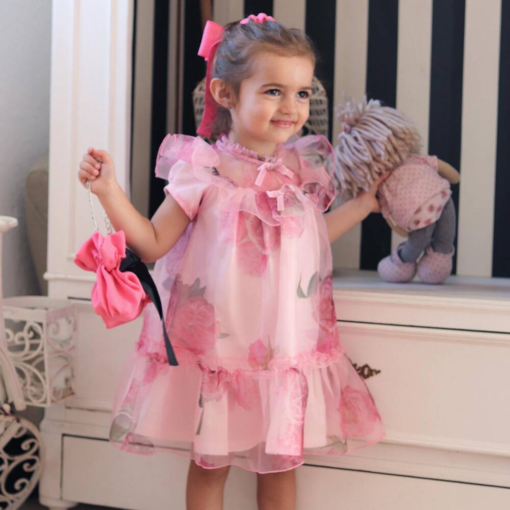 Phi Clothing-Girls Pink Organza Dress with Floral Rose Print | Childrensalon