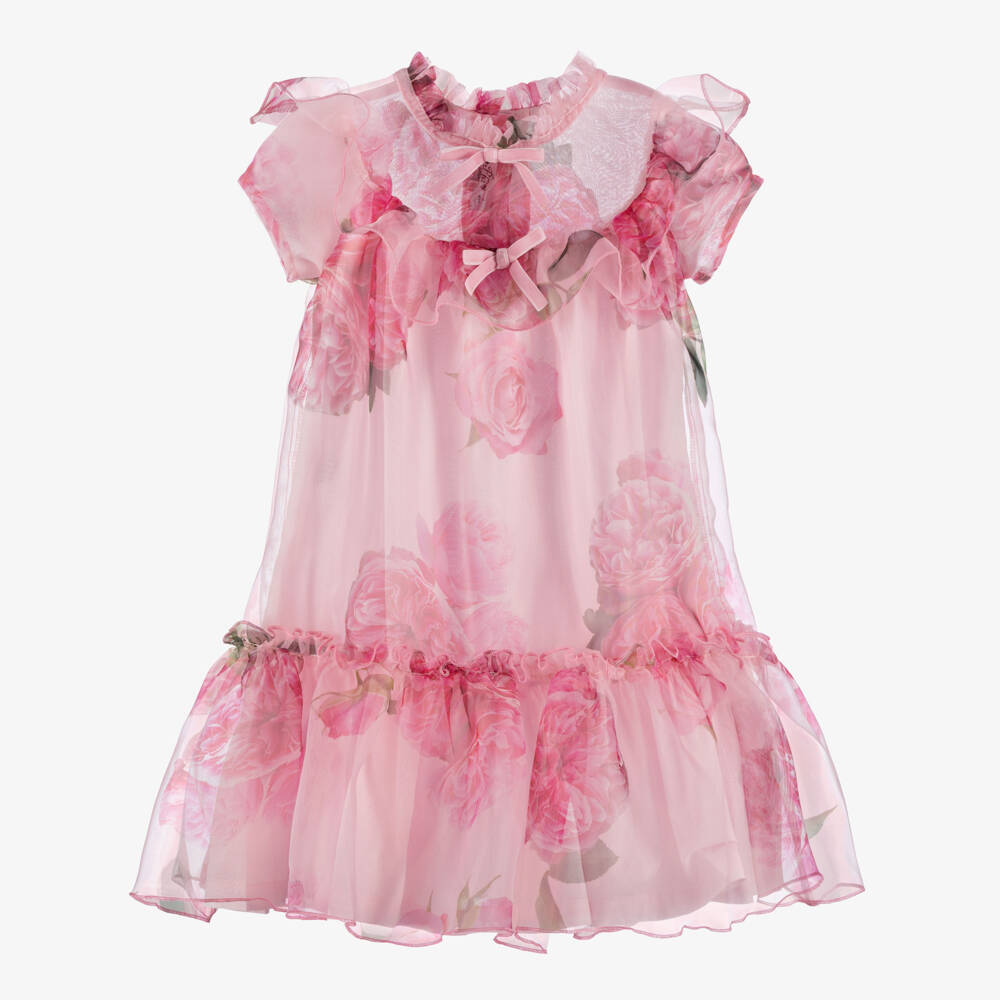 Phi Clothing-Girls Pink Organza Dress with Floral Rose Print  | Childrensalon