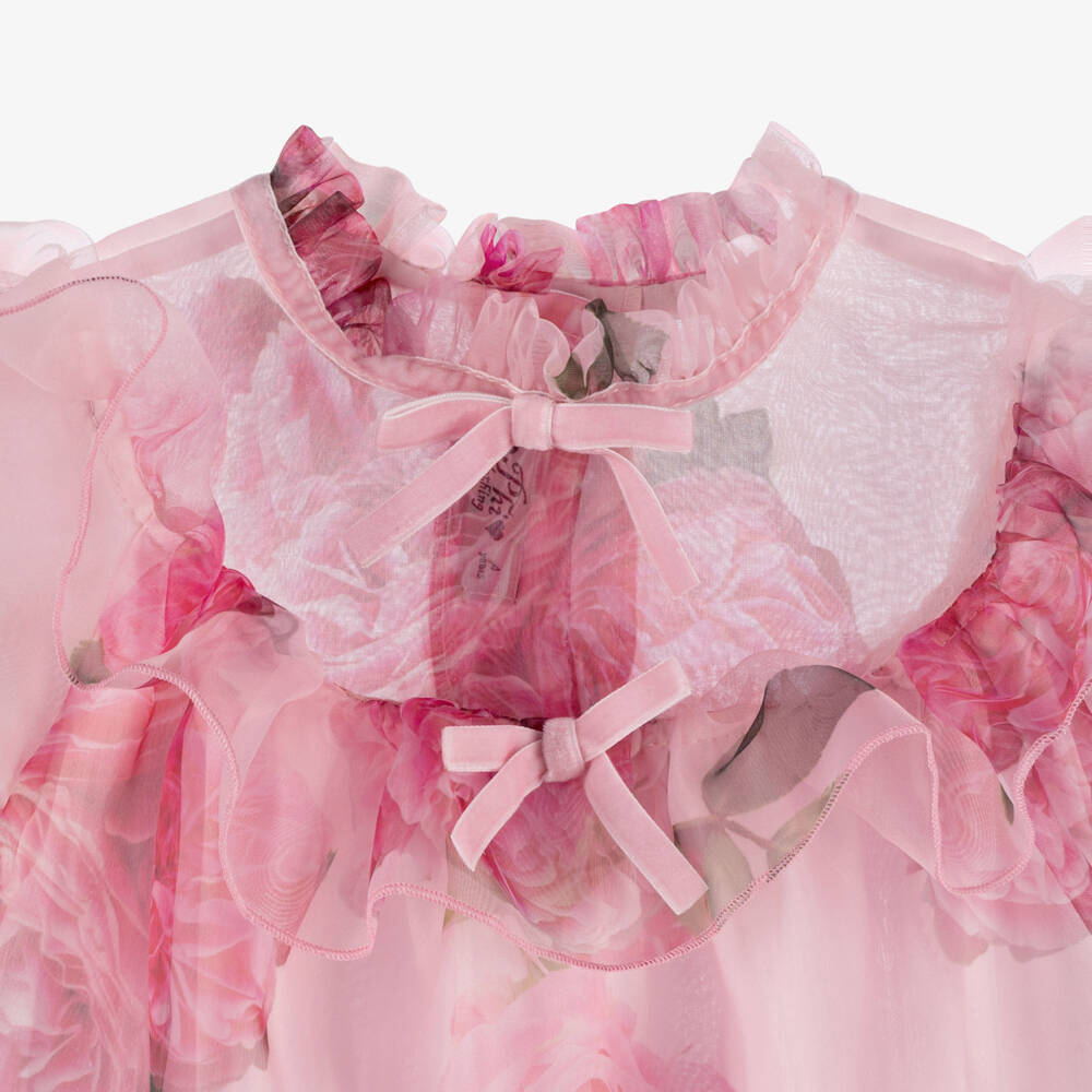 Phi Clothing-Girls Pink Organza Dress with Floral Rose Print | Childrensalon