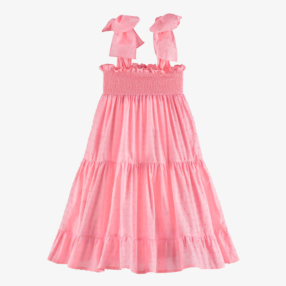 Phi Clothing-Girls Pink Plumeti Cotton Tiered Sun Dress | Childrensalon