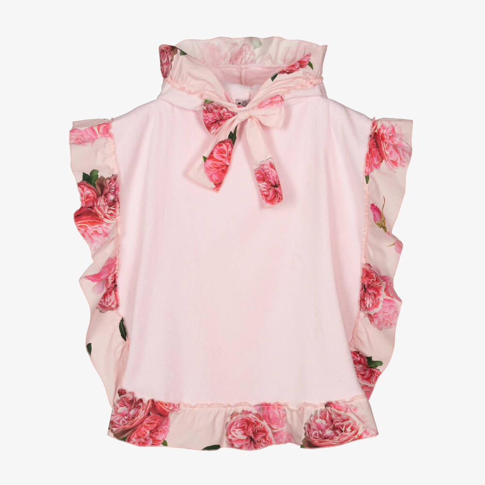 Phi Clothing-Girls Pink Poncho Towel with Floral Ruffle Trim | Childrensalon