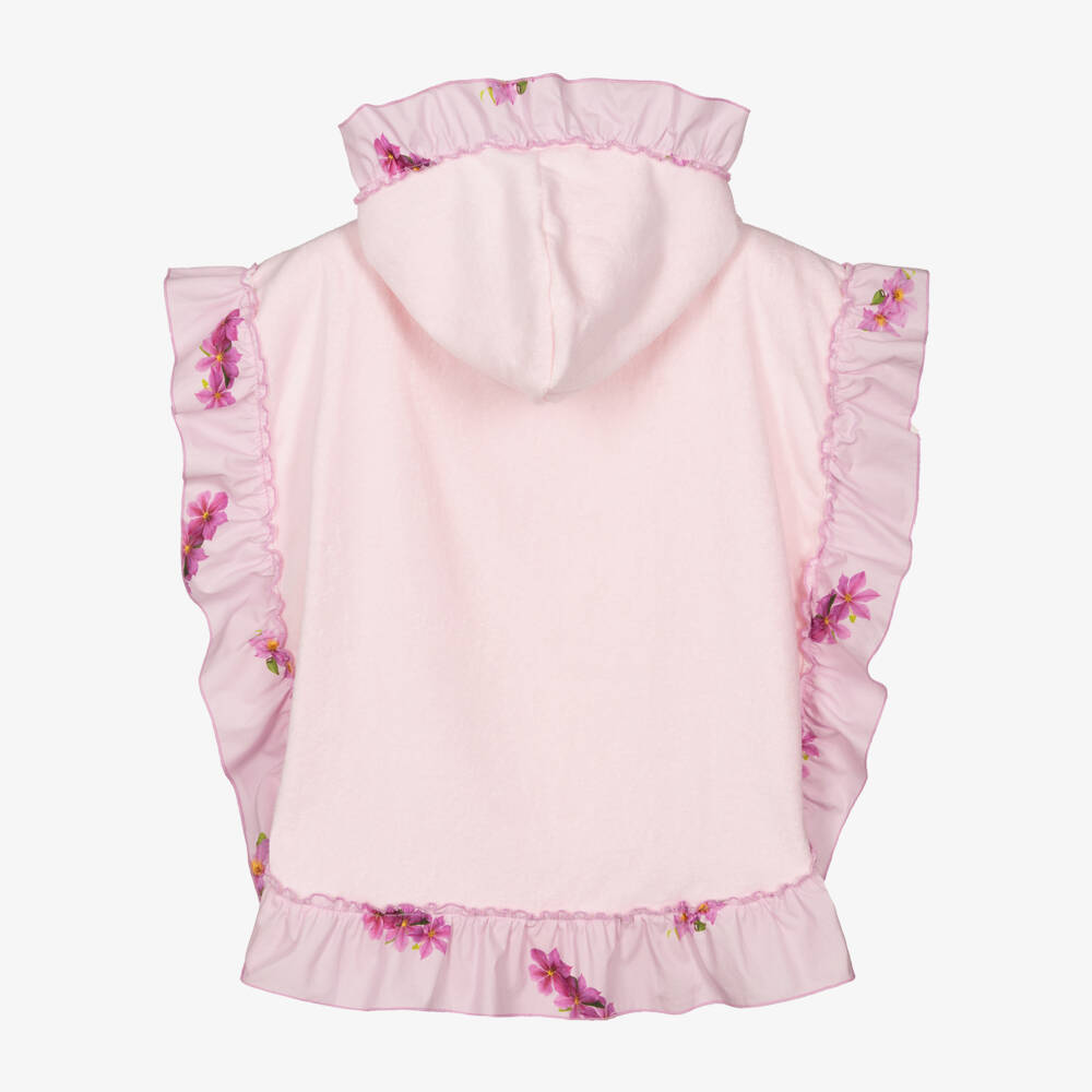 Phi Clothing-Girls Pink Poncho Towel with Lilac Floral Ruffle Trim | Childrensalon