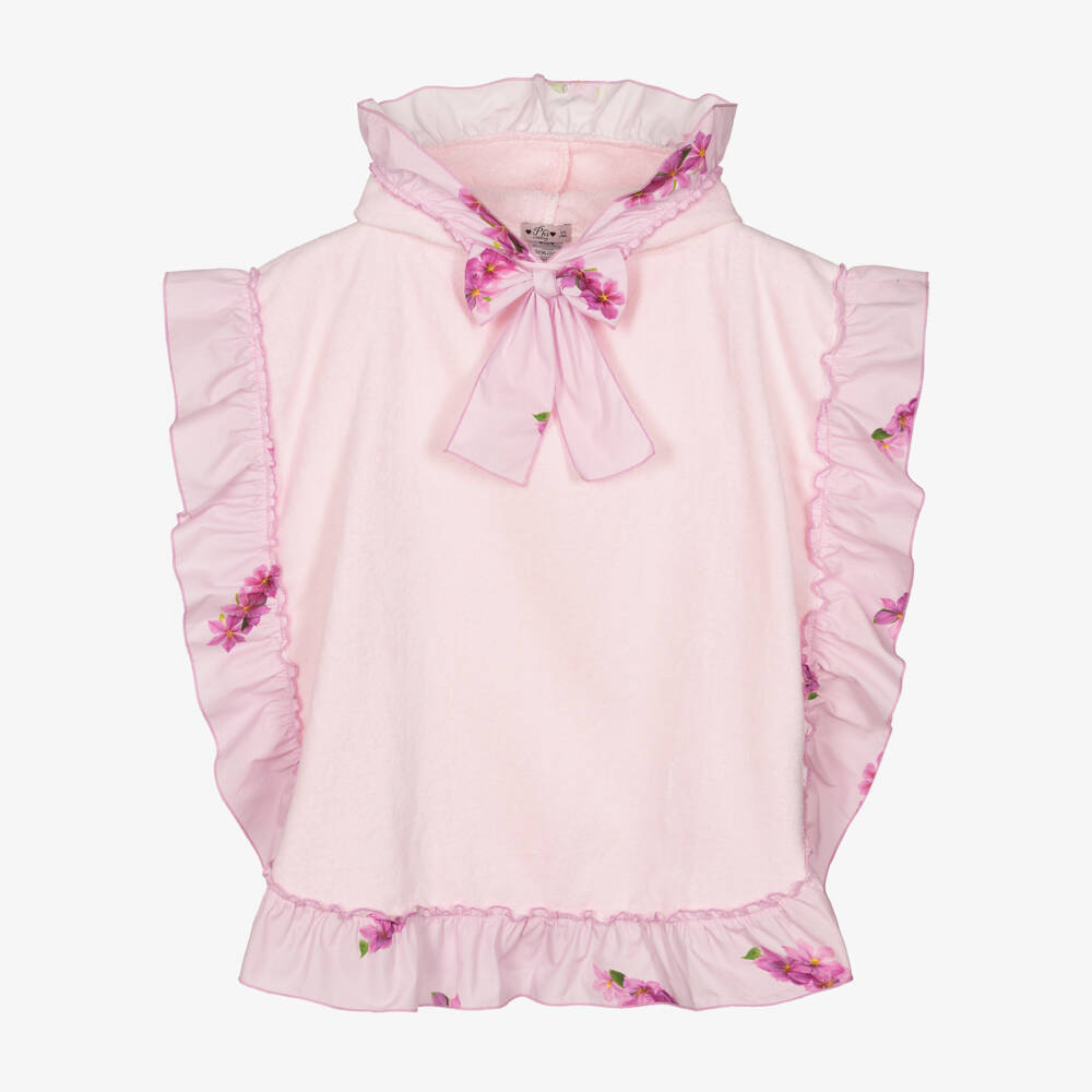 Phi Clothing-Girls Pink Poncho Towel with Lilac Floral Ruffle Trim | Childrensalon