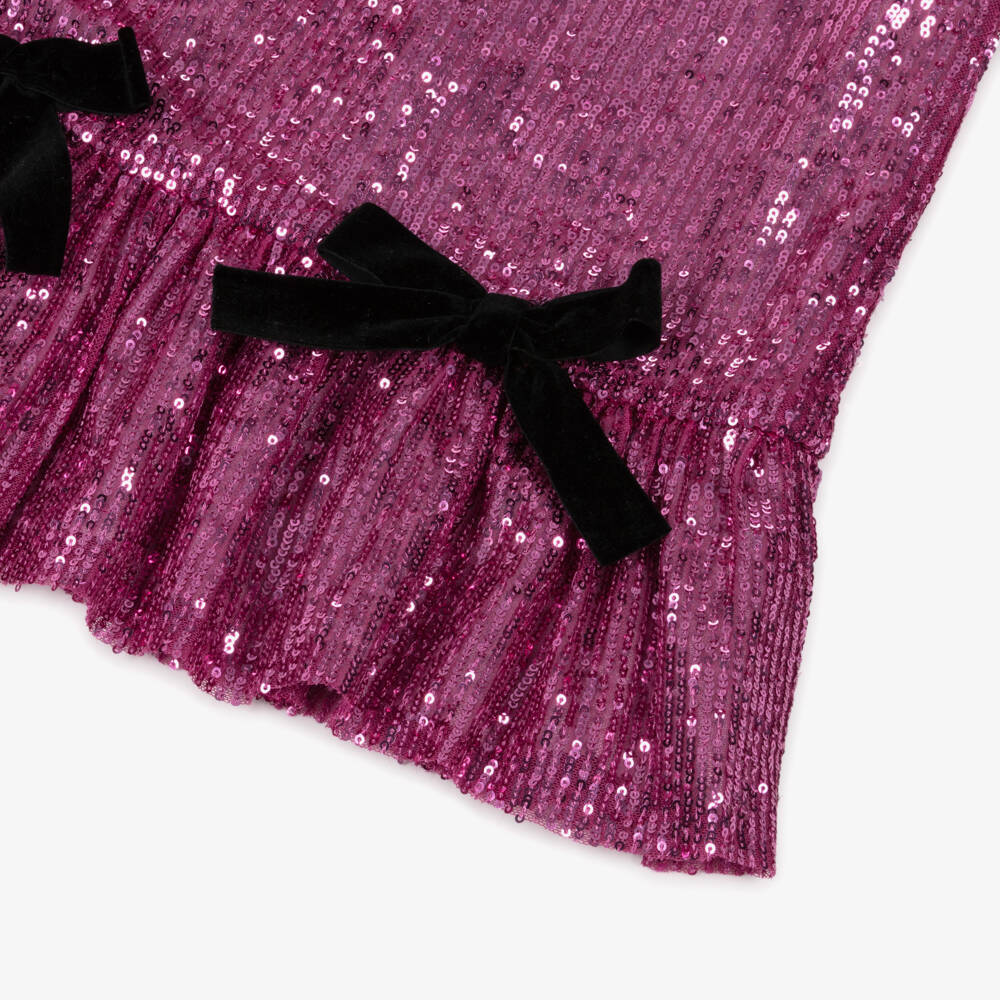 Phi Clothing-Платье розовое с пайетками и черными бархатными бантами для девочек | Childrensalon