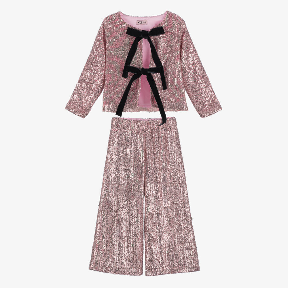 Phi Clothing-Girls Pink Sequinned Trouser Set with Black Velvet Bows | Childrensalon