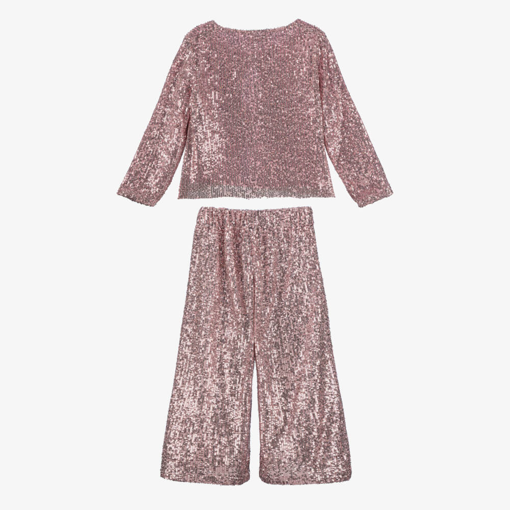 Phi Clothing-Girls Pink Sequinned Trouser Set with Black Velvet Bows | Childrensalon