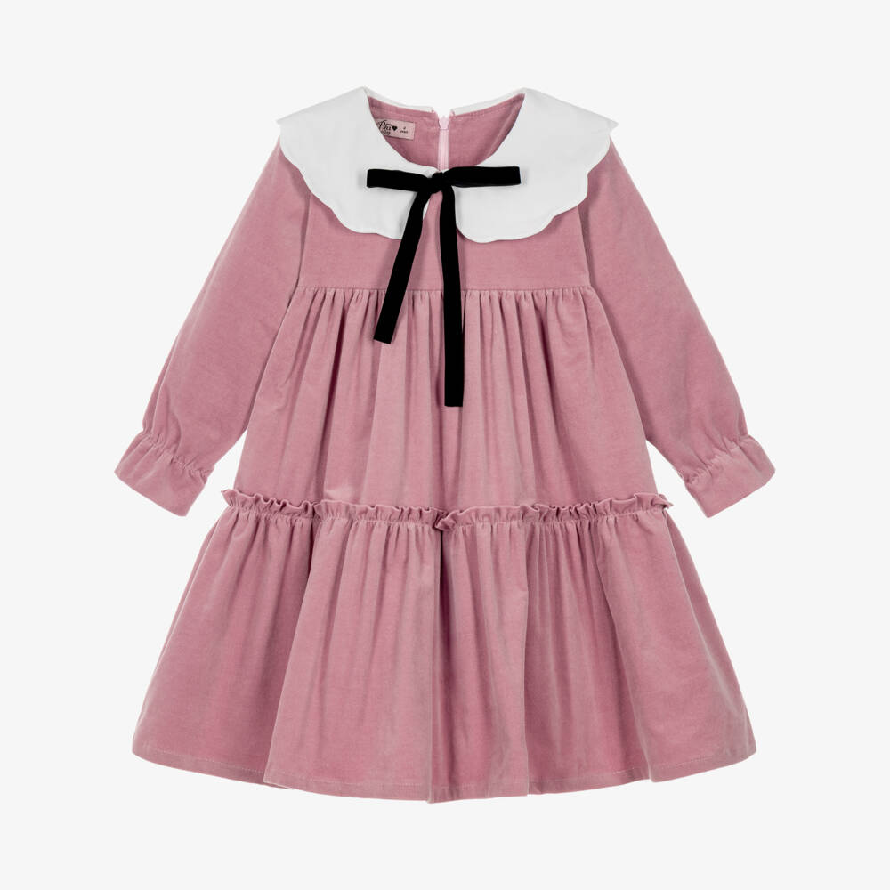 Phi Clothing-Girls Pink Velvet Dress with White Collar | Childrensalon