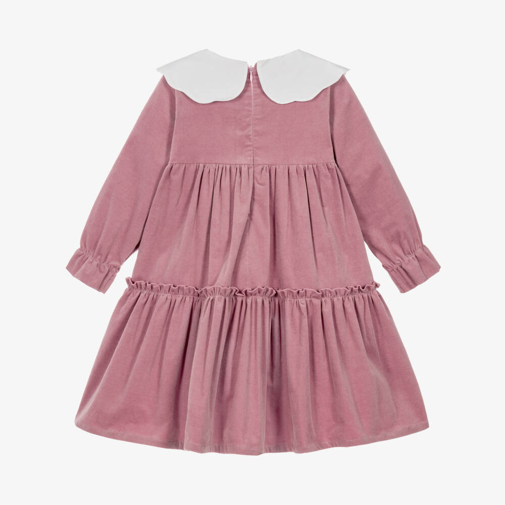 Phi Clothing-Girls Pink Velvet Dress with White Collar | Childrensalon