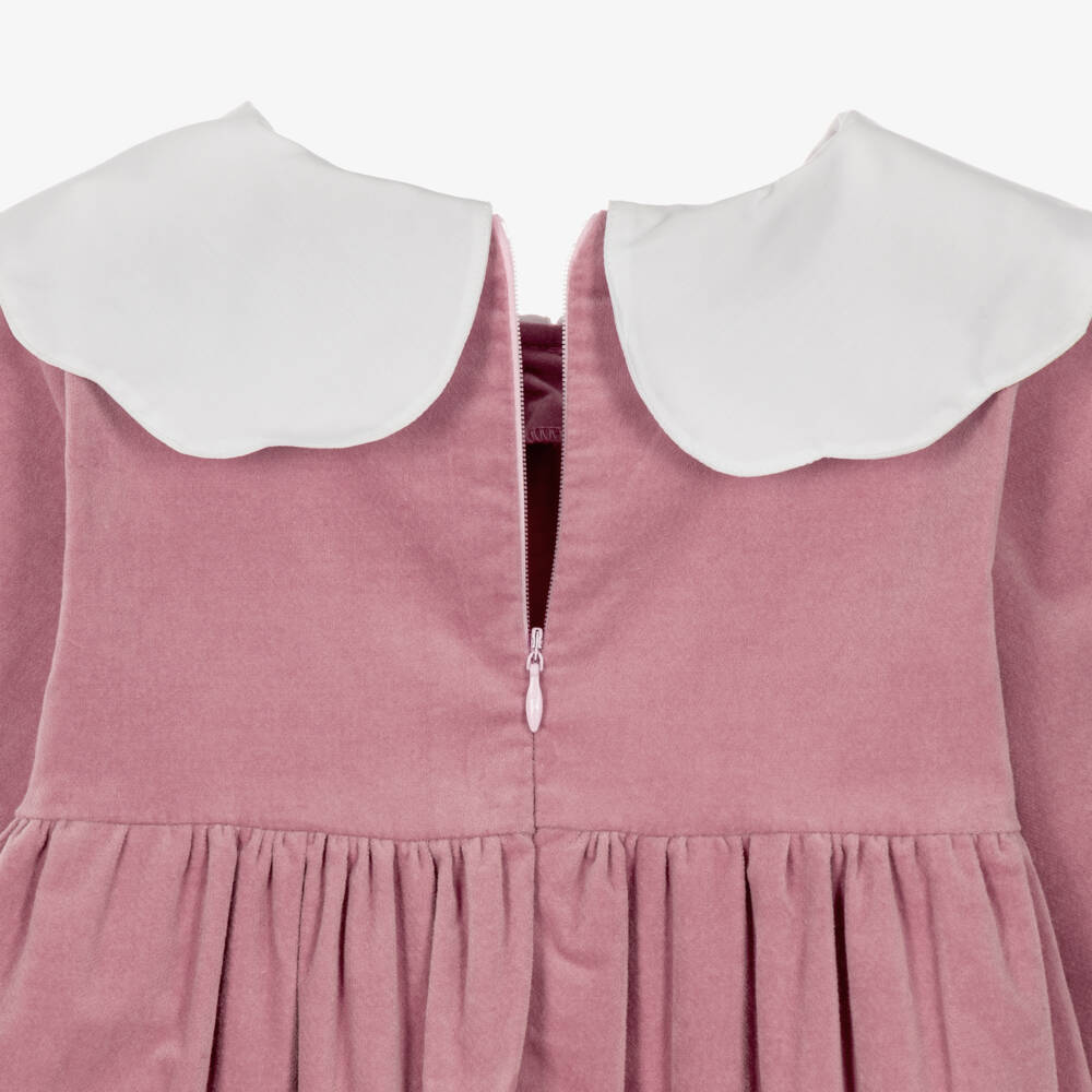 Phi Clothing-Girls Pink Velvet Dress with White Collar | Childrensalon