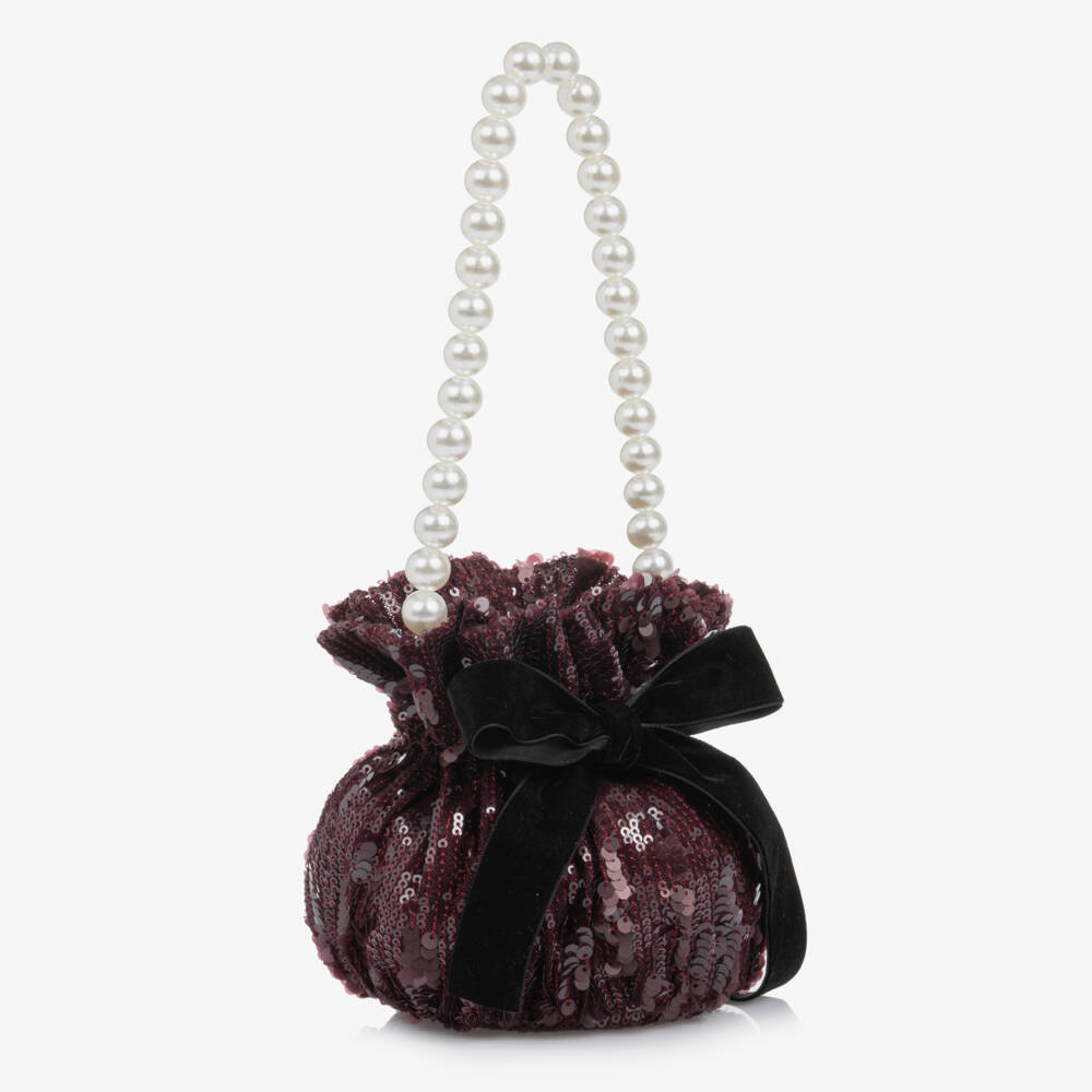 Phi Clothing-Girls Plum Sequin Handbag with Pearl Handle (15cm) | Childrensalon