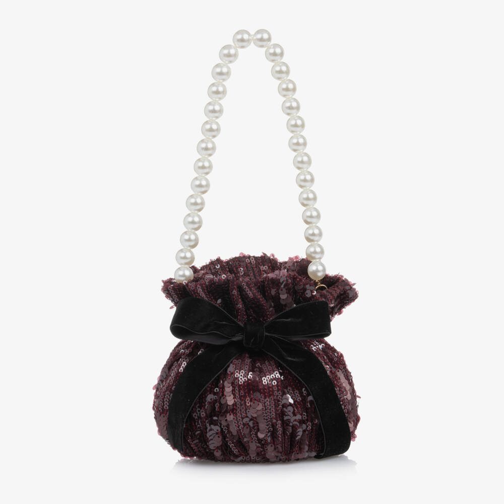 Phi Clothing-Girls Plum Sequin Handbag with Pearl Handle (15cm) | Childrensalon