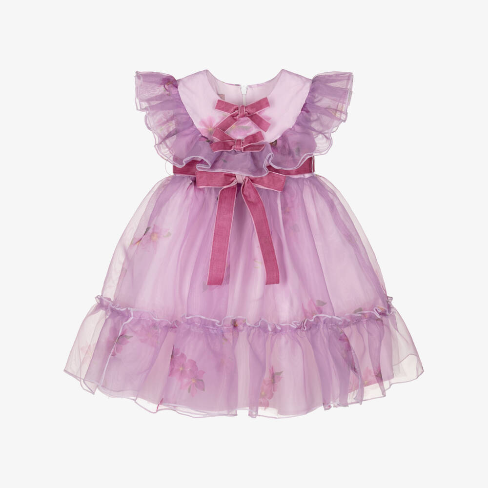 Phi Clothing-فستان مزين بورود وكشكش أورغانزا لون بنفسجي | Childrensalon