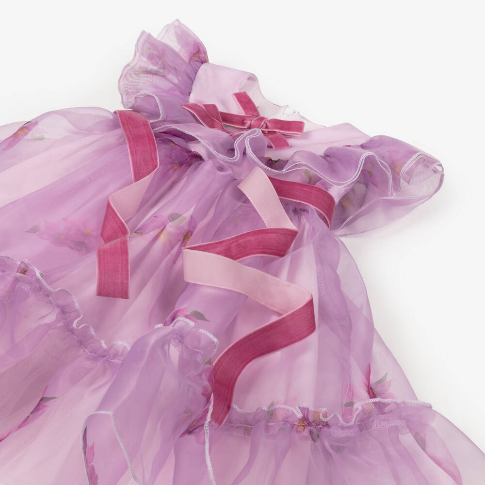 Phi Clothing-فستان مزين بورود وكشكش أورغانزا لون بنفسجي | Childrensalon
