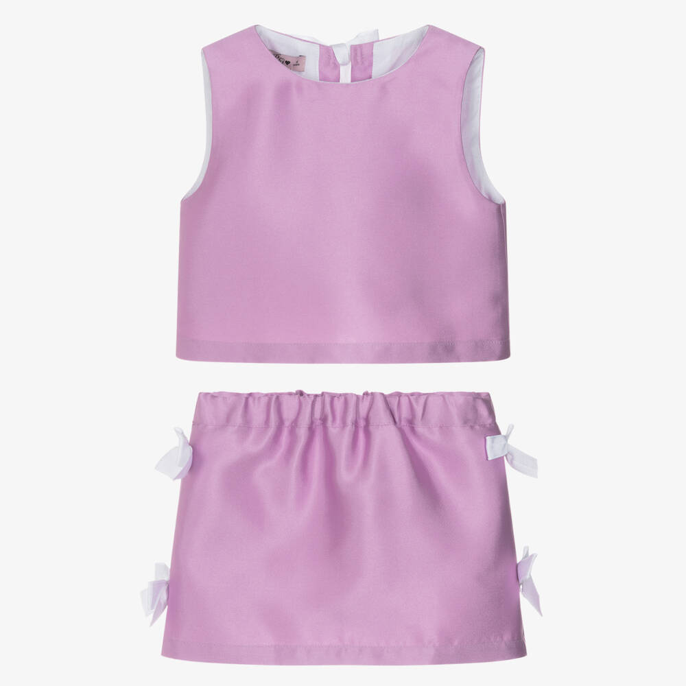 Phi Clothing-Girls Purple Satin Twill Skirt Set with White Bows | Childrensalon