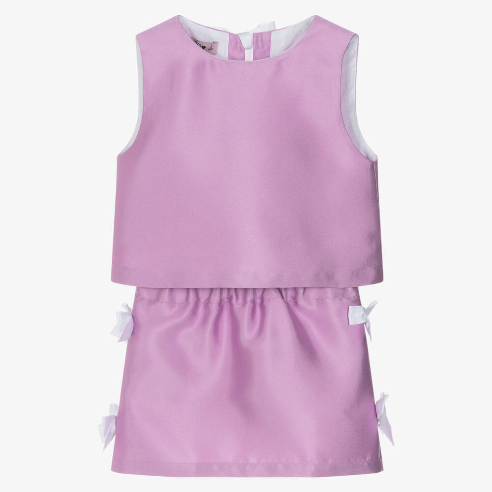 Phi Clothing-Girls Purple Satin Twill Skirt Set with White Bows | Childrensalon