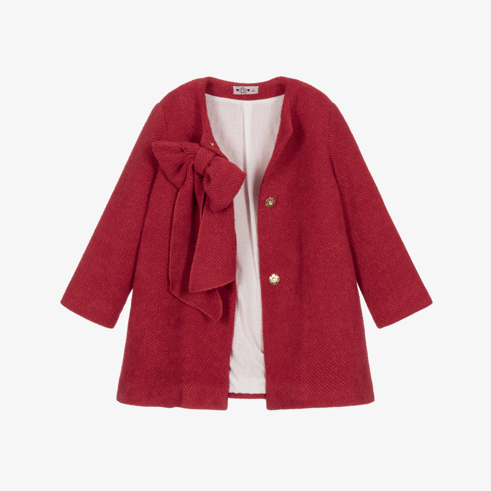 Phi Clothing-Girls Red Fluffy Knit Coat with Bow | Childrensalon