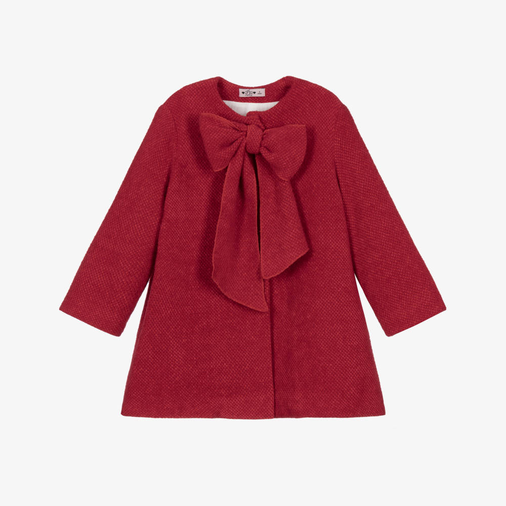 Phi Clothing-Girls Red Fluffy Knit Coat with Bow  | Childrensalon