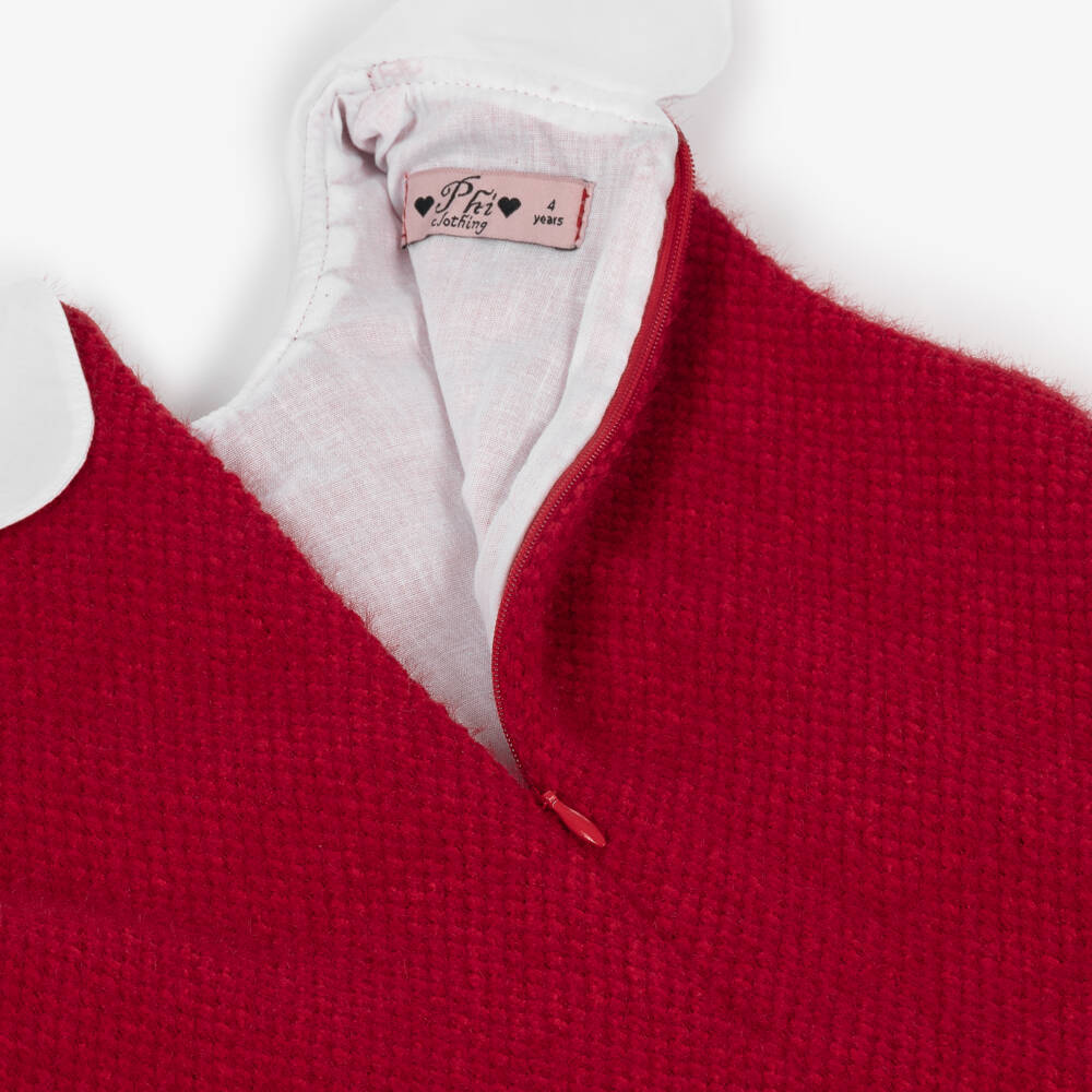 Phi Clothing-Girls Red Fluffy Knit Jersey Dress with Scalloped Collar | Childrensalon