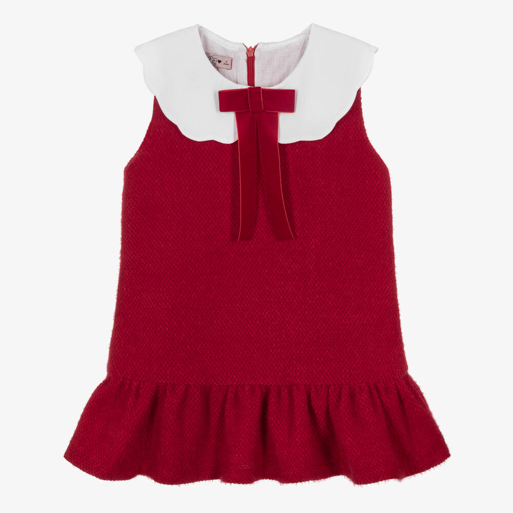 Phi Clothing-Girls Red Fluffy Knit Jersey Dress with Scalloped Collar | Childrensalon
