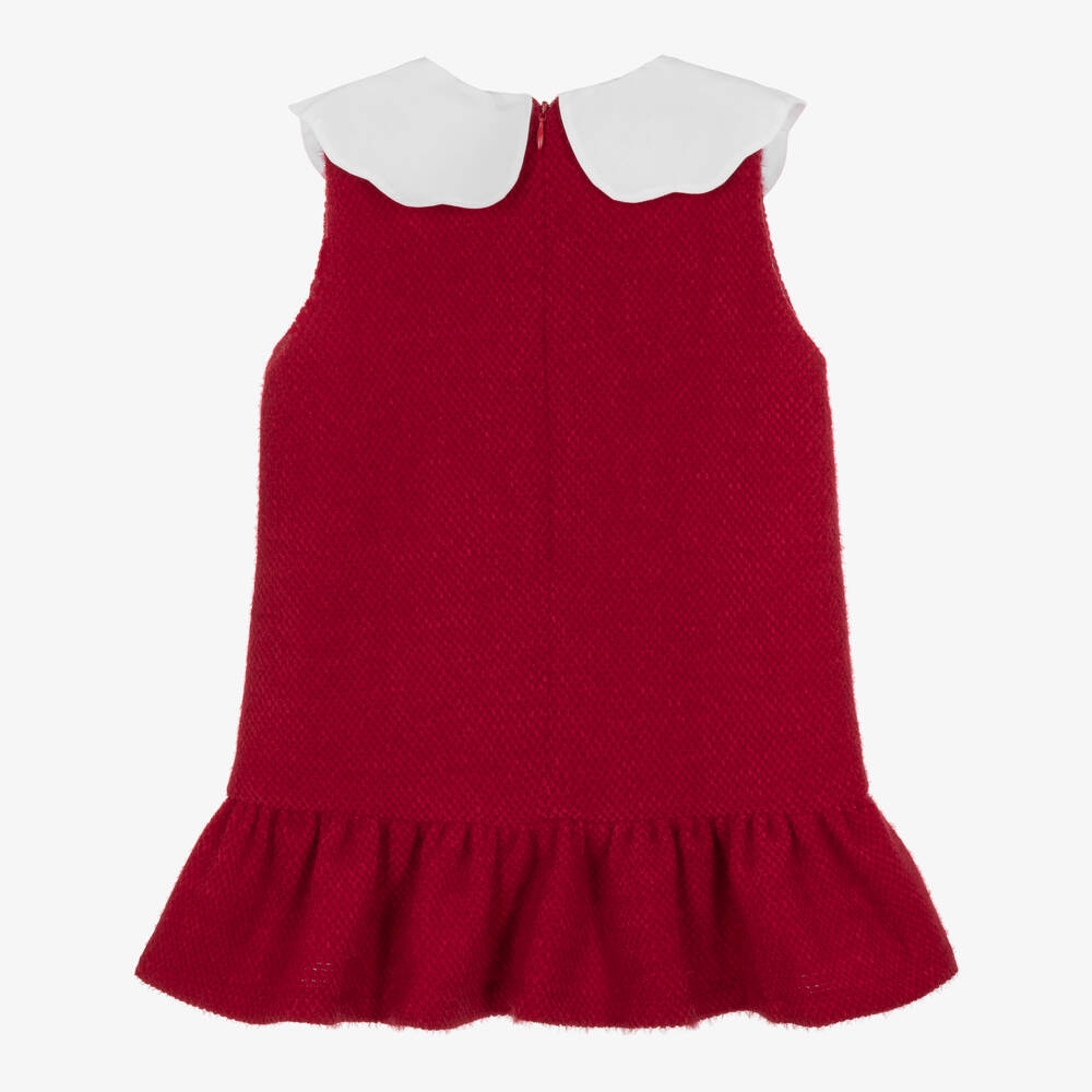 Phi Clothing-Girls Red Fluffy Knit Jersey Dress with Scalloped Collar | Childrensalon