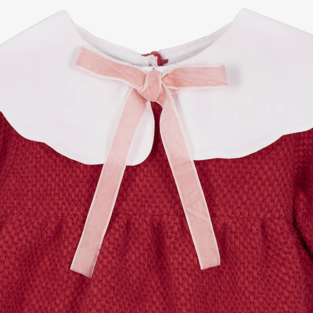 Phi Clothing-Girls Red Fluffy Knit Shortie with Scalloped Collar | Childrensalon