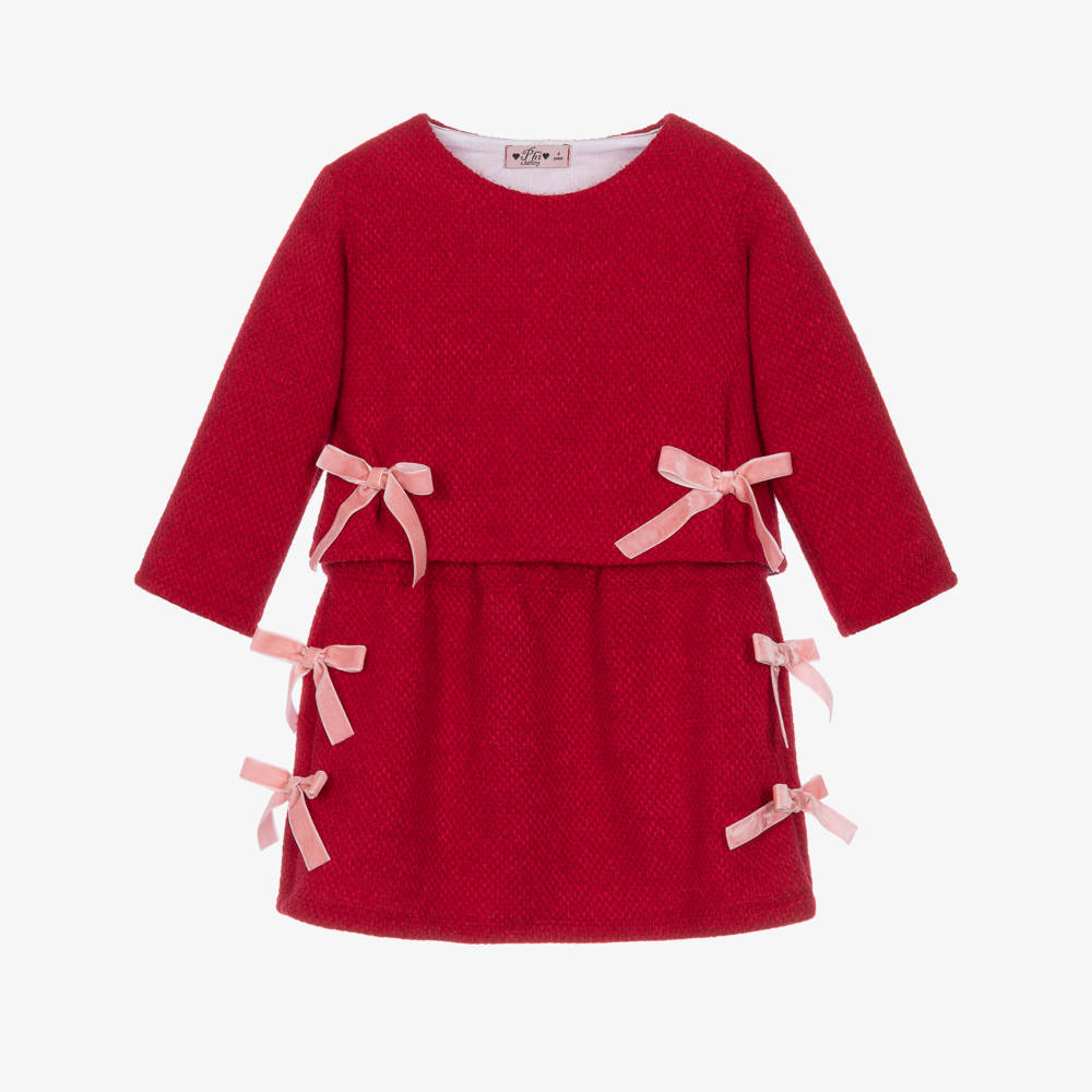 Phi Clothing-Girls Red Fluffy Knit Skirt Set with Pink Velvet Bows | Childrensalon
