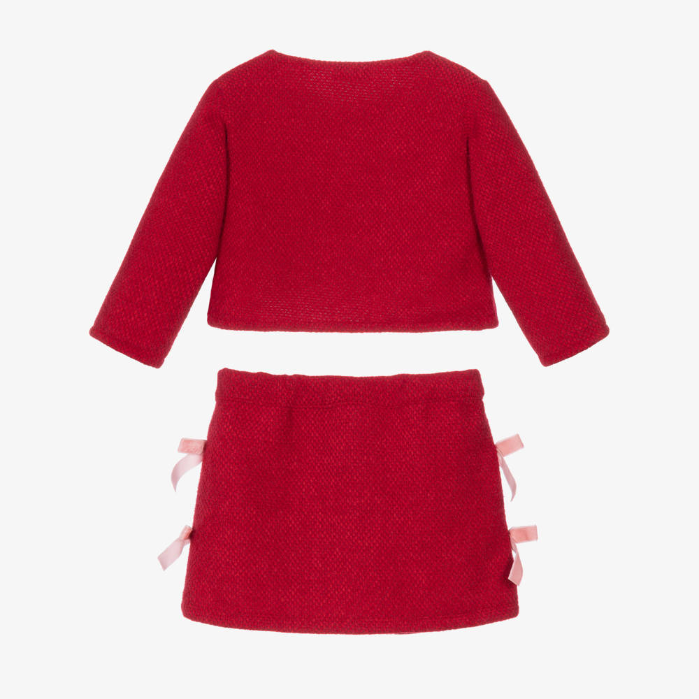 Phi Clothing-Girls Red Fluffy Knit Skirt Set with Pink Velvet Bows | Childrensalon