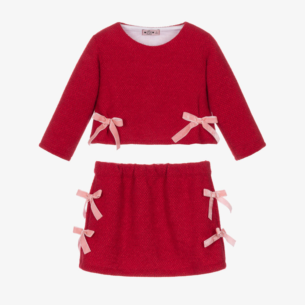 Phi Clothing-Girls Red Fluffy Knit Skirt Set with Pink Velvet Bows | Childrensalon