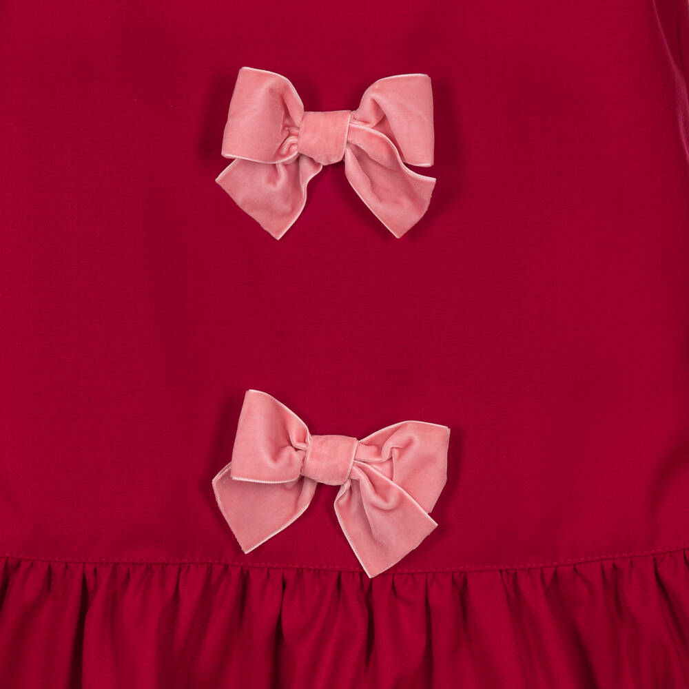 Phi Clothing-Girls Red Twill Dress with Pink Velvet Bows | Childrensalon