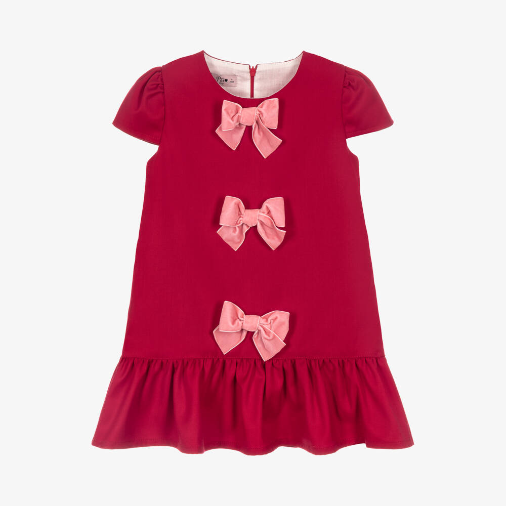 Phi Clothing-Girls Red Twill Dress with Pink Velvet Bows | Childrensalon