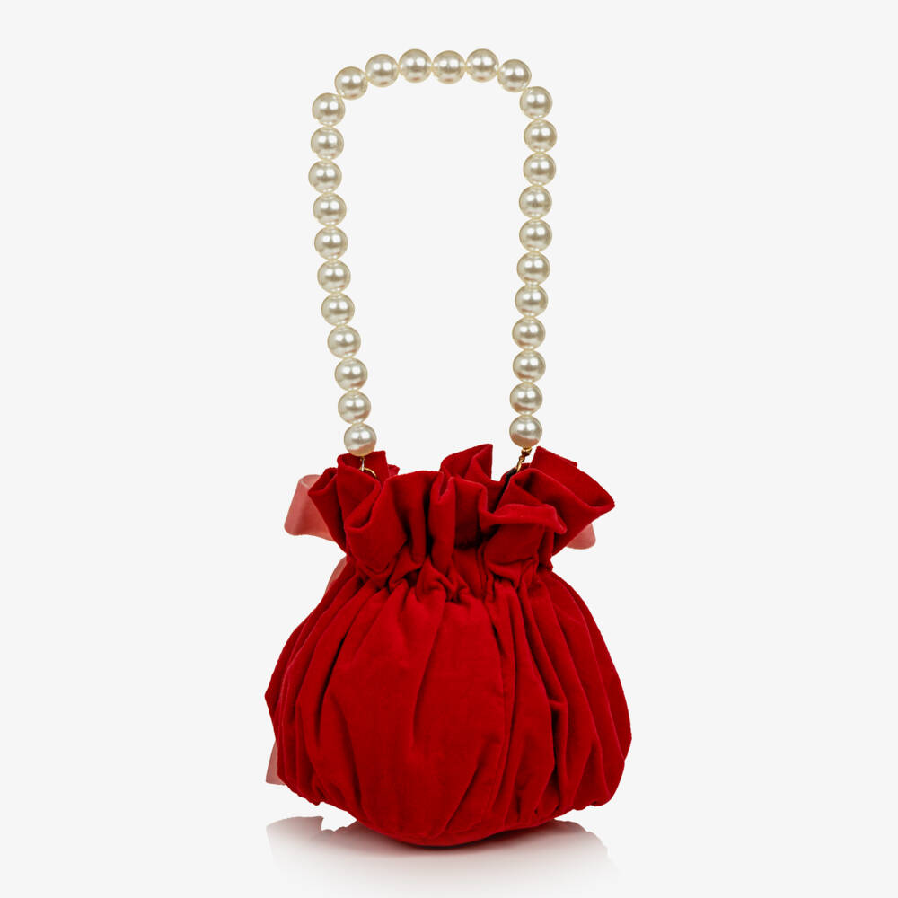 Phi Clothing-Girls Red Velvet Bag with Faux Pearl Handle (14cm) | Childrensalon