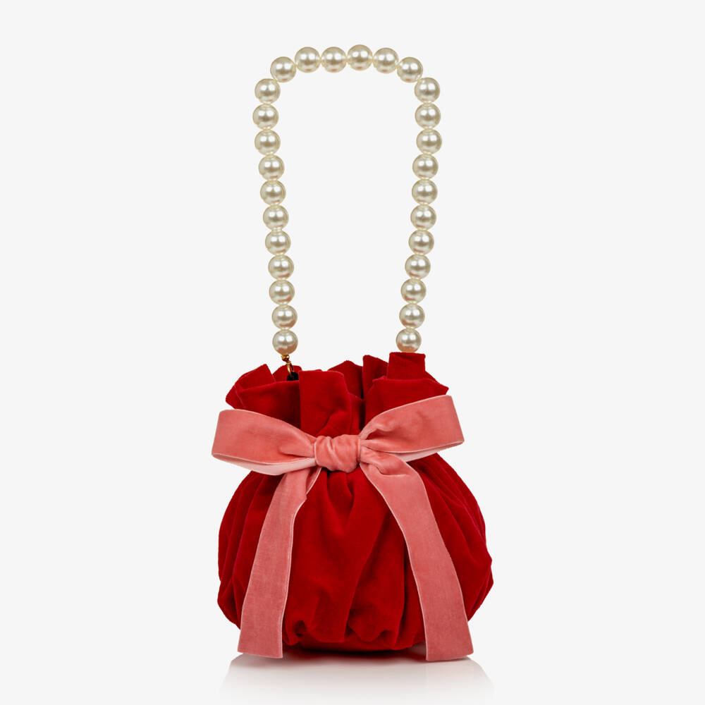 Phi Clothing-Girls Red Velvet Bag with Faux Pearl Handle (14cm) | Childrensalon