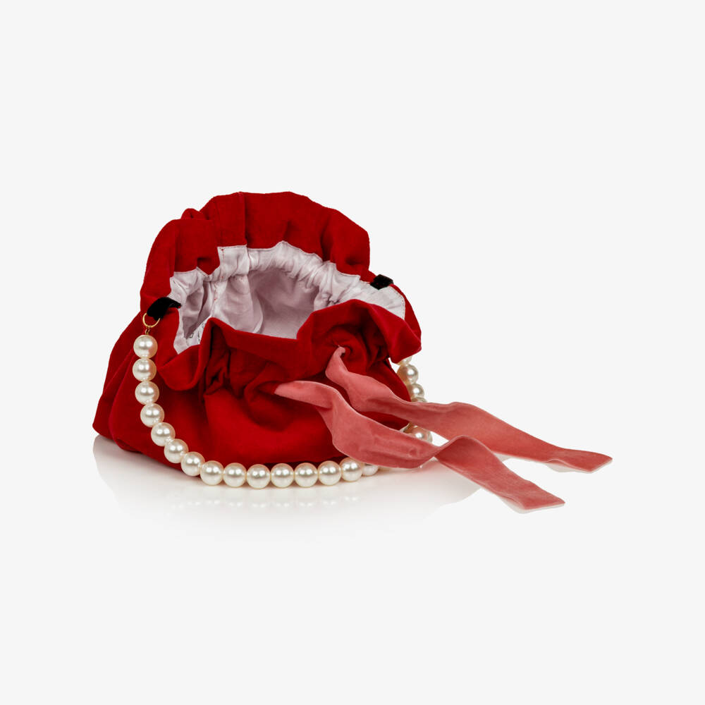 Phi Clothing-Girls Red Velvet Bag with Faux Pearl Handle (14cm) | Childrensalon