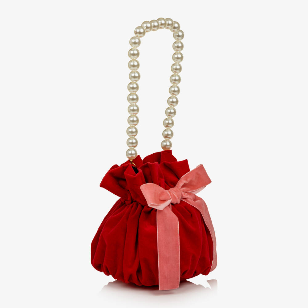 Phi Clothing-Girls Red Velvet Bag with Faux Pearl Handle (14cm) | Childrensalon