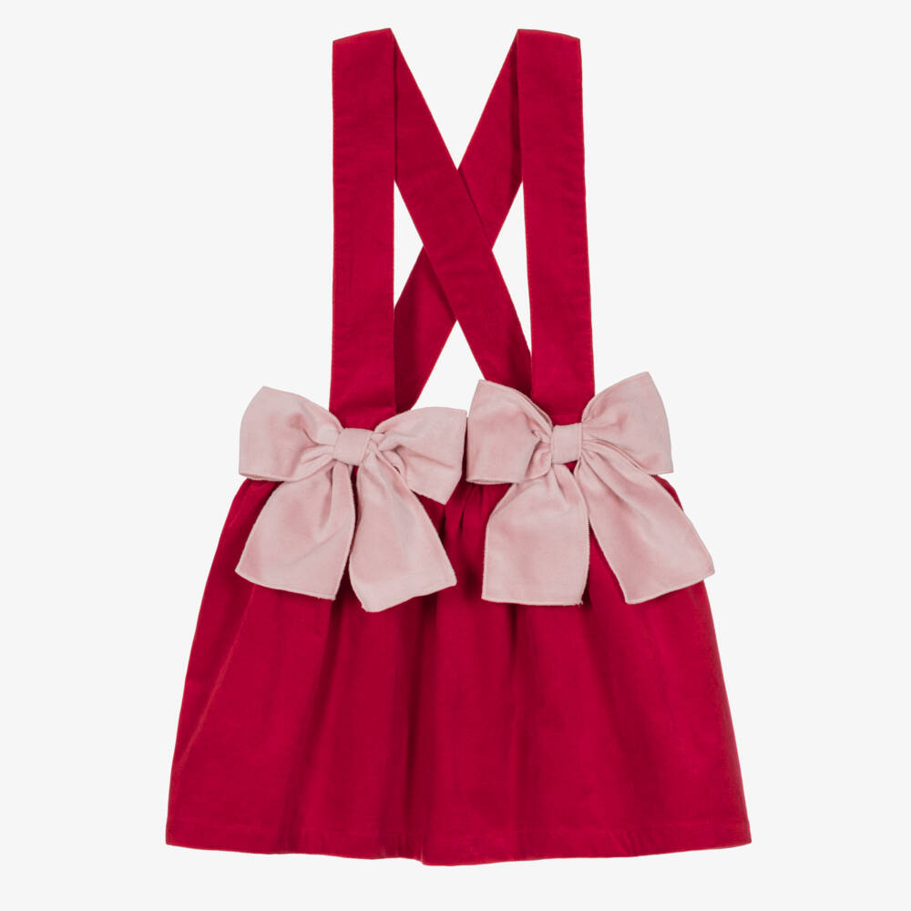 Phi Clothing-Girls Red Velvet Skirt With Pink Bows | Childrensalon