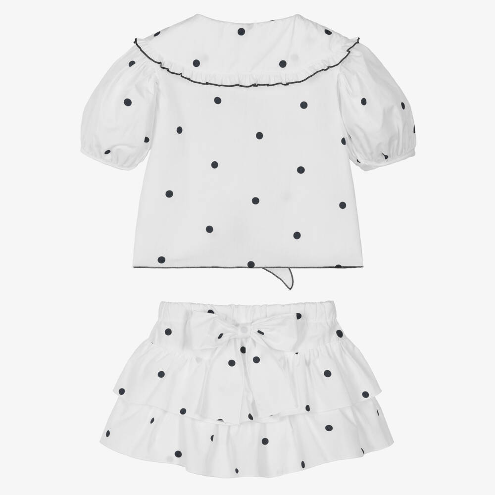 Phi Clothing-Girls White & Black Polka Dot Cotton Blouse & Skort Set | Childrensalon