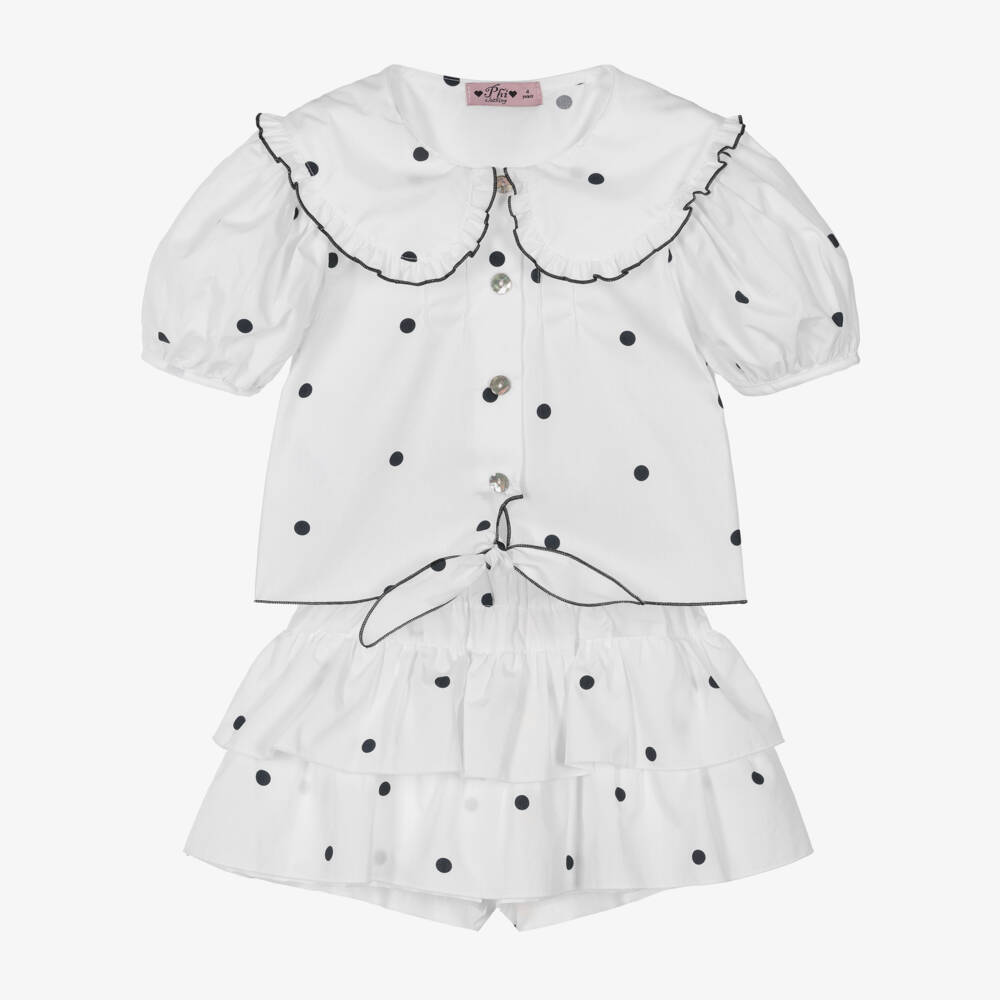 Phi Clothing-Girls White & Black Polka Dot Cotton Blouse & Skort Set | Childrensalon