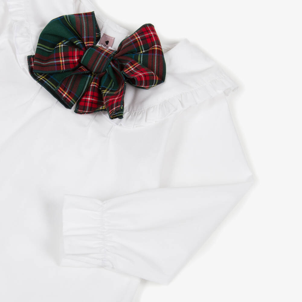 Phi Clothing-Girls White Cotton Blouse with Green Tartan Bow | Childrensalon
