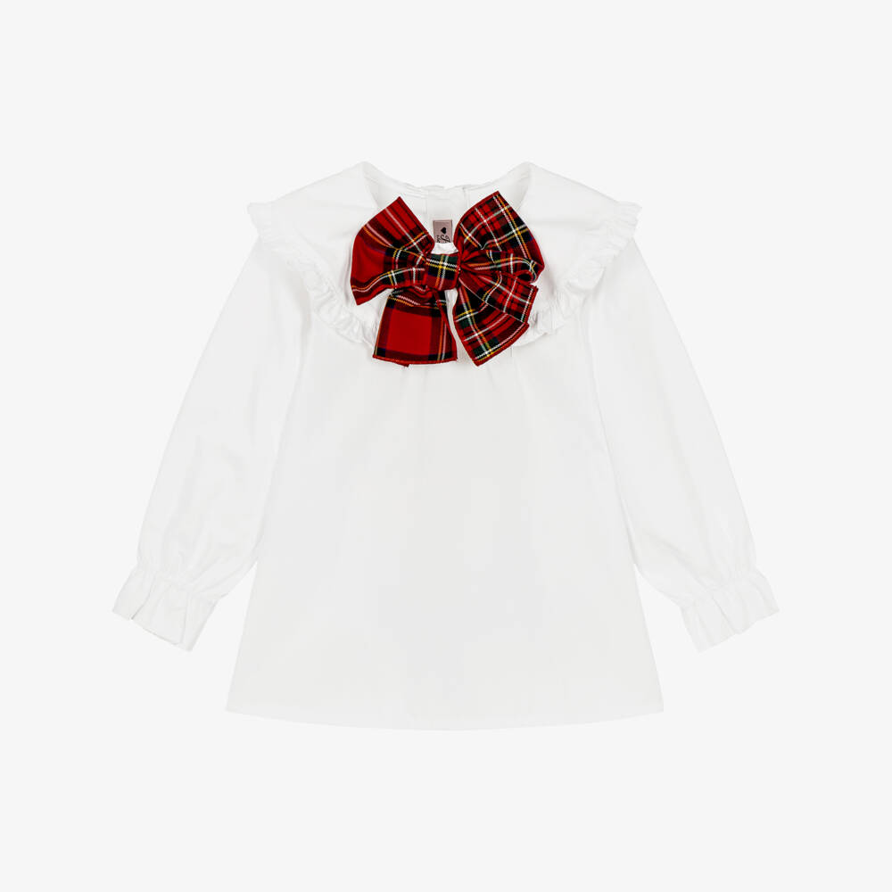 Phi Clothing-Girls White Cotton Blouse with Red Tartan Bow | Childrensalon