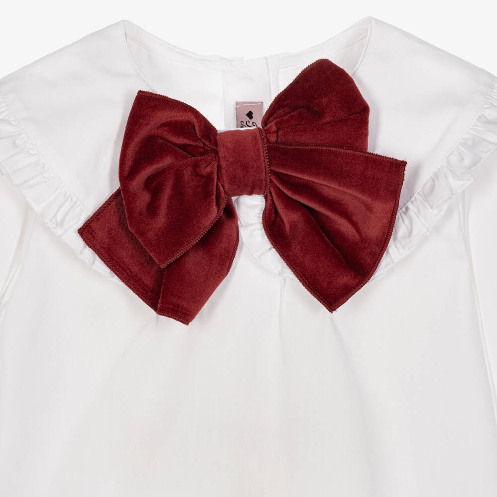 Phi Clothing-Girls White Cotton Blouse with Velvet Bow | Childrensalon