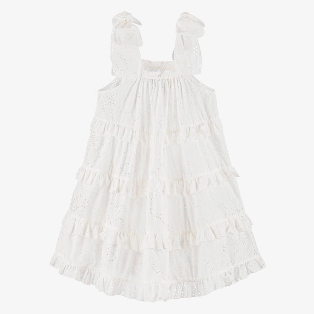 Phi Clothing-Girls White Cotton Broderie Anglaise Effect Dress | Childrensalon