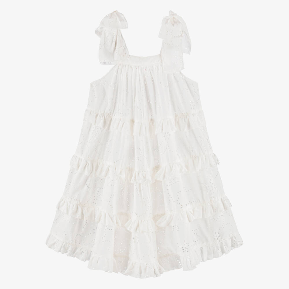 Phi Clothing-Girls White Cotton Broderie Anglaise Effect Dress | Childrensalon