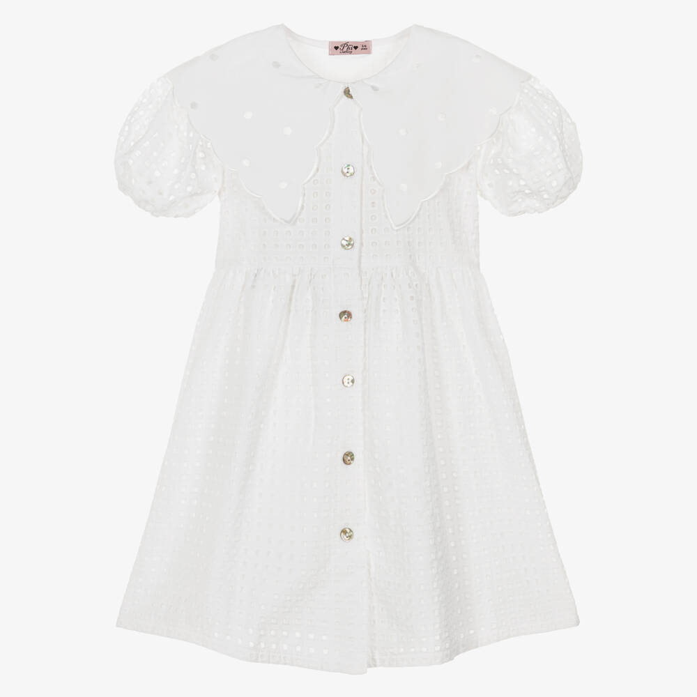 Phi Clothing-Girls White Cotton Scalloped Collar Dress | Childrensalon