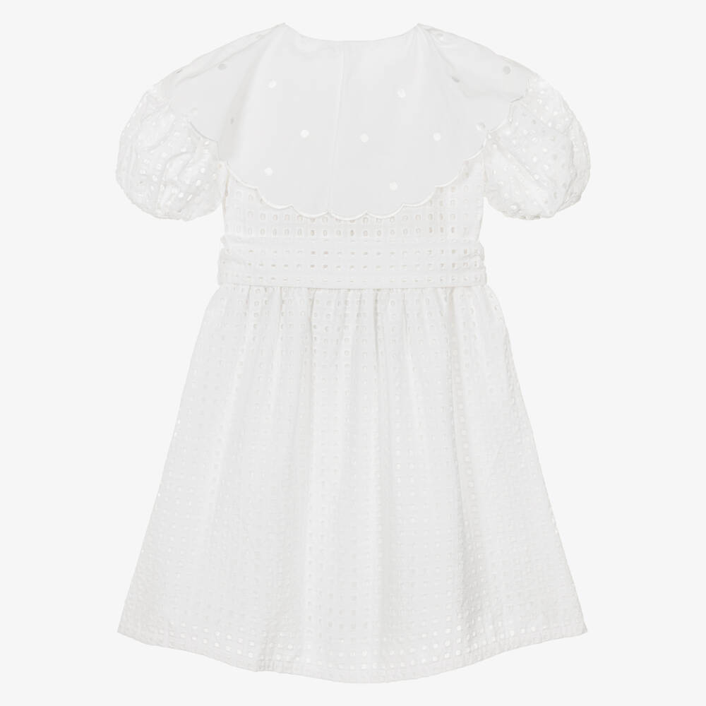 Phi Clothing-Girls White Cotton Scalloped Collar Dress | Childrensalon