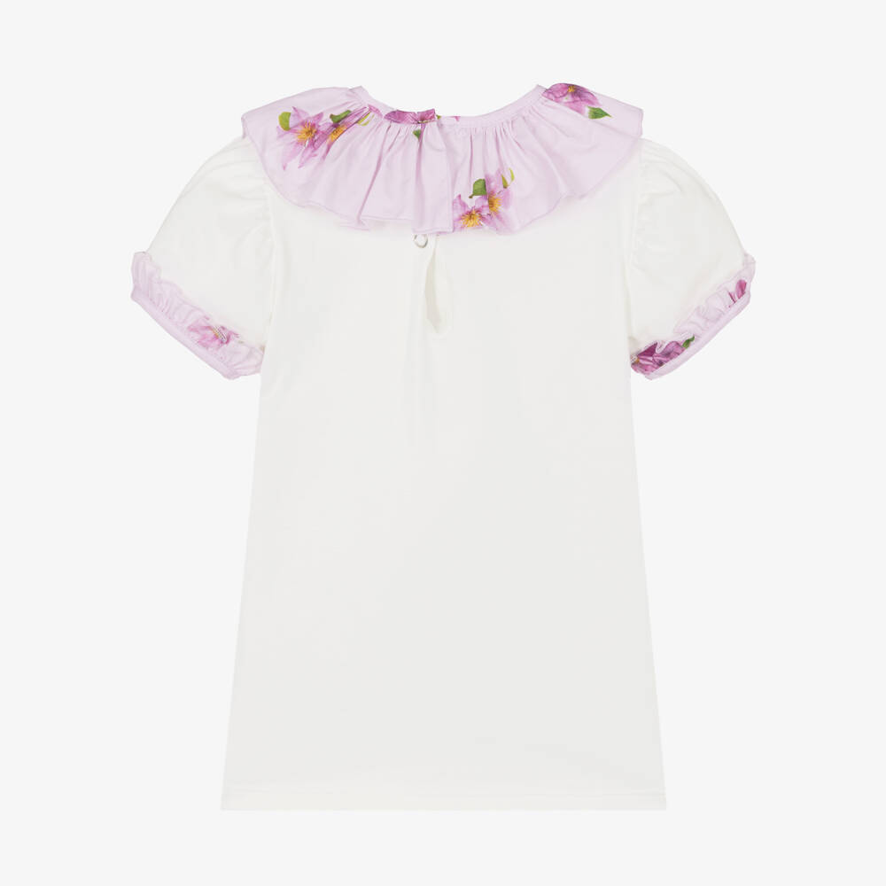 Phi Clothing-Girls White Cotton T-Shirt with Lilac Pink Floral Trims | Childrensalon